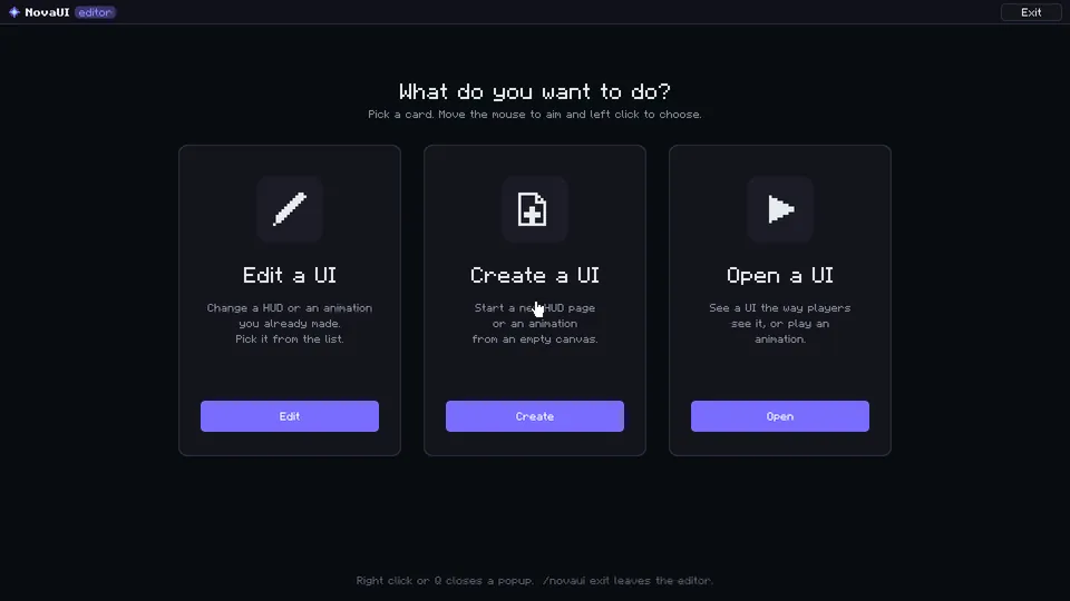 The NovaUI editor start screen with Edit, Create and Open cards