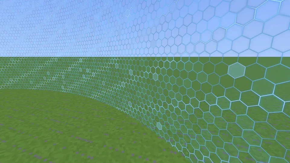 A NovaBorder force field wall: a glowing hexagon wall curving across a grass field