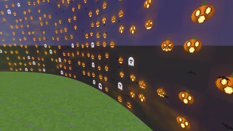 The Halloween look: glowing jack-o'-lanterns, ghosts and bats along a curved wall