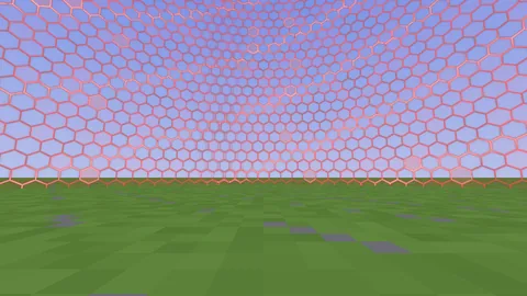 Frame 1: a wide red-tinted hexagon wall far away