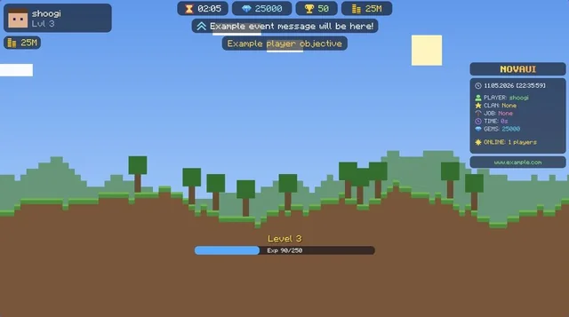 A NovaUI HUD in game: player card, stat chips, event message, info sidebar and level bar